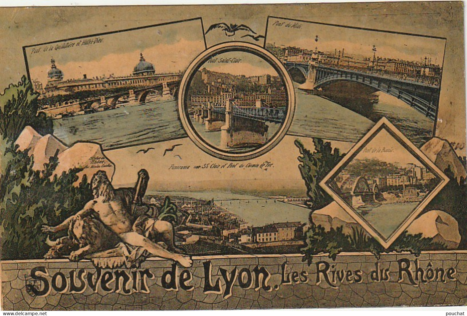 TE 22-(69) SOUVENIR DE LYON , LES RIVES DU RHONE - CARTE FANTAISIE MULTIVUES COLORISEE - TIMBRE TAXE SUISSE - 2 SCANS - Otros & Sin Clasificación