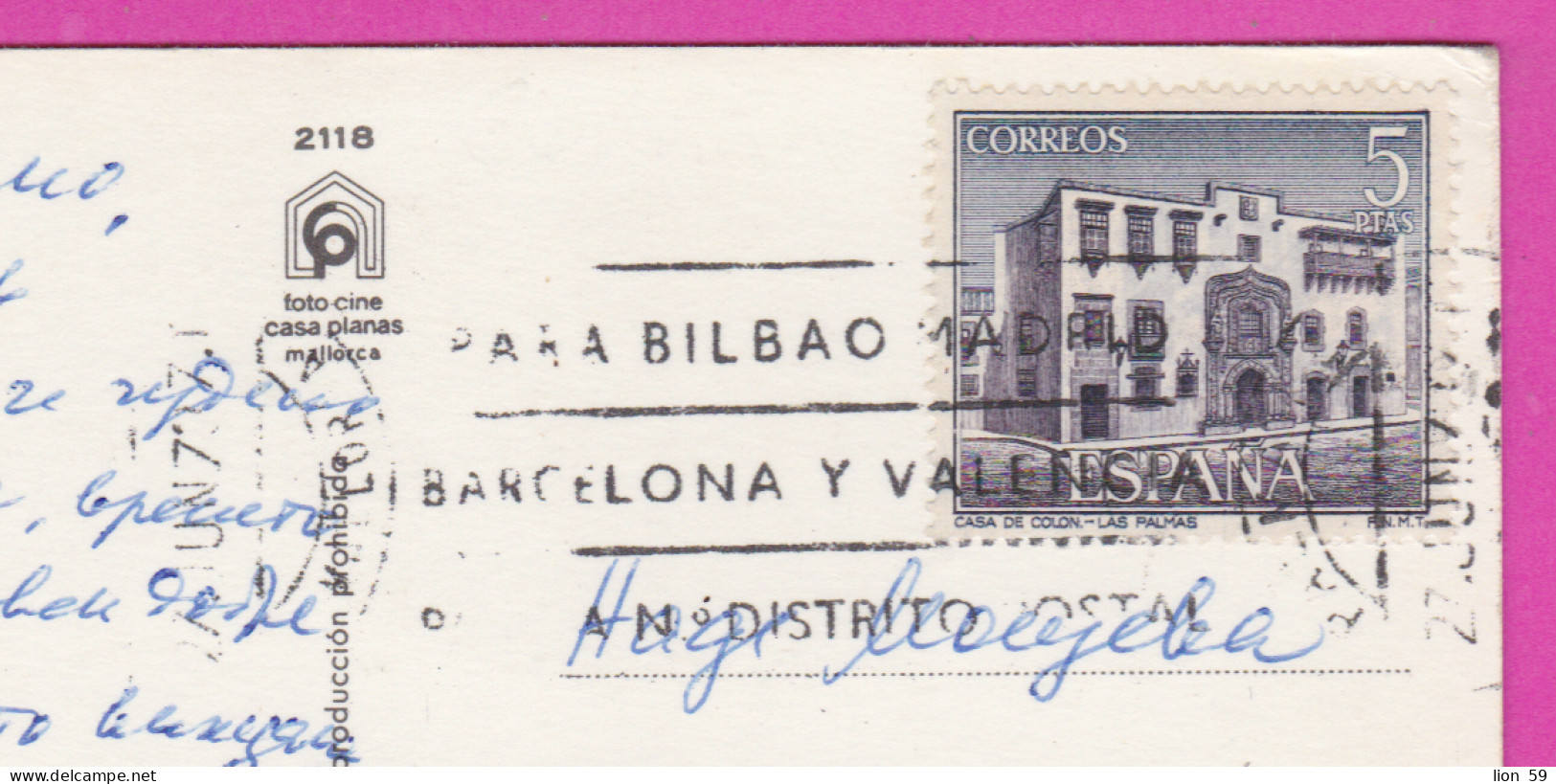 293755 / Spain - Hotel Borne Palma De Mallorca PC 1973 USED 5Pta Casa De Colon, Las Palmas Flamme Para Bilbao Madrid... - Lettres & Documents