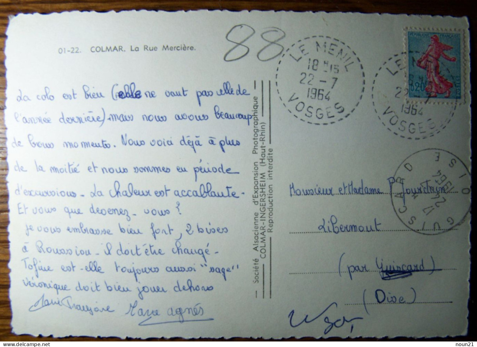 Sur Semeuse De 20 Cts - Cachet Tireté De 1964 De LE MENIL (Vosges) - Sur CPSM De COLMAR - Guerra D'Algeria