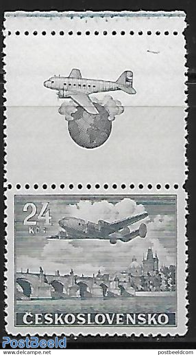 Czechoslovkia 1946 Airmail Definitive 1v With Tab., Mint NH, Transport - Aircraft & Aviation - Autres & Non Classés