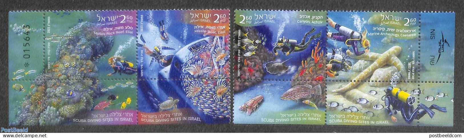 Israel 2022 Scuba Diving Sites 4v, Mint NH, Nature - Sport - Transport - Fish - Diving - Ships And Boats - Neufs