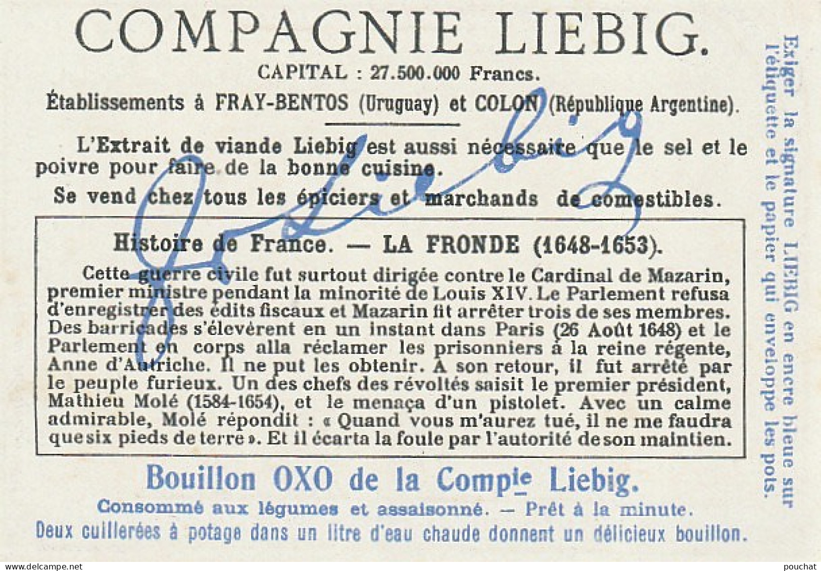 UR 2- L' HISTOIRE DE FRANCE : LOUIS XIV ( LA FRONDE , COLBERT , MASQUE DE FER )- LOT DE 6 CHROMOS LIEBIG AVEC ENVELOPPE  - Liebig