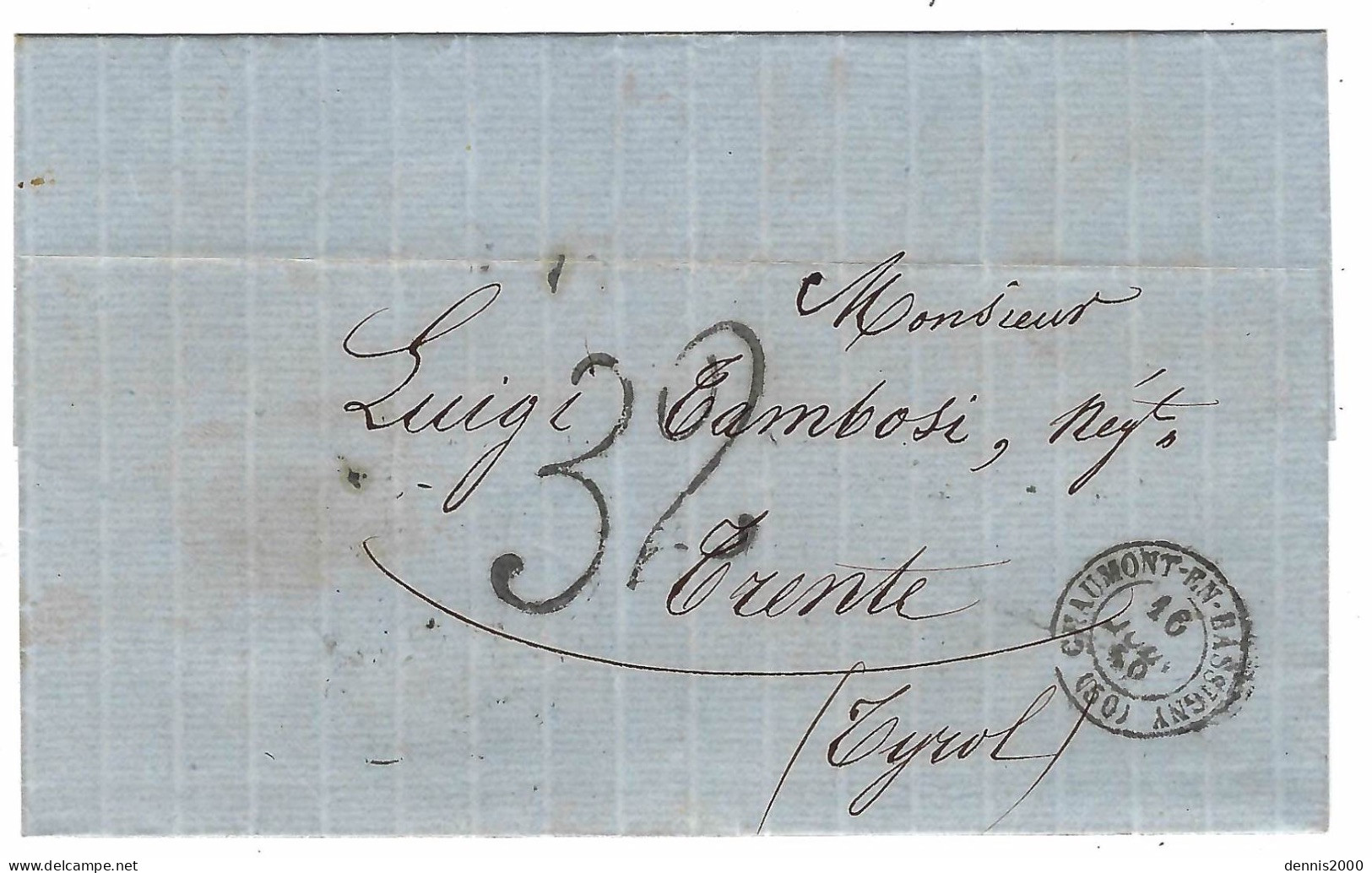 1859 - Lettre En Port Du De Chaumont-en-Bassigny ( Haute Marne ) Pour TRENTE ( Tyrol ) TAXE 32 K. TAMPON - 1849-1876: Klassik