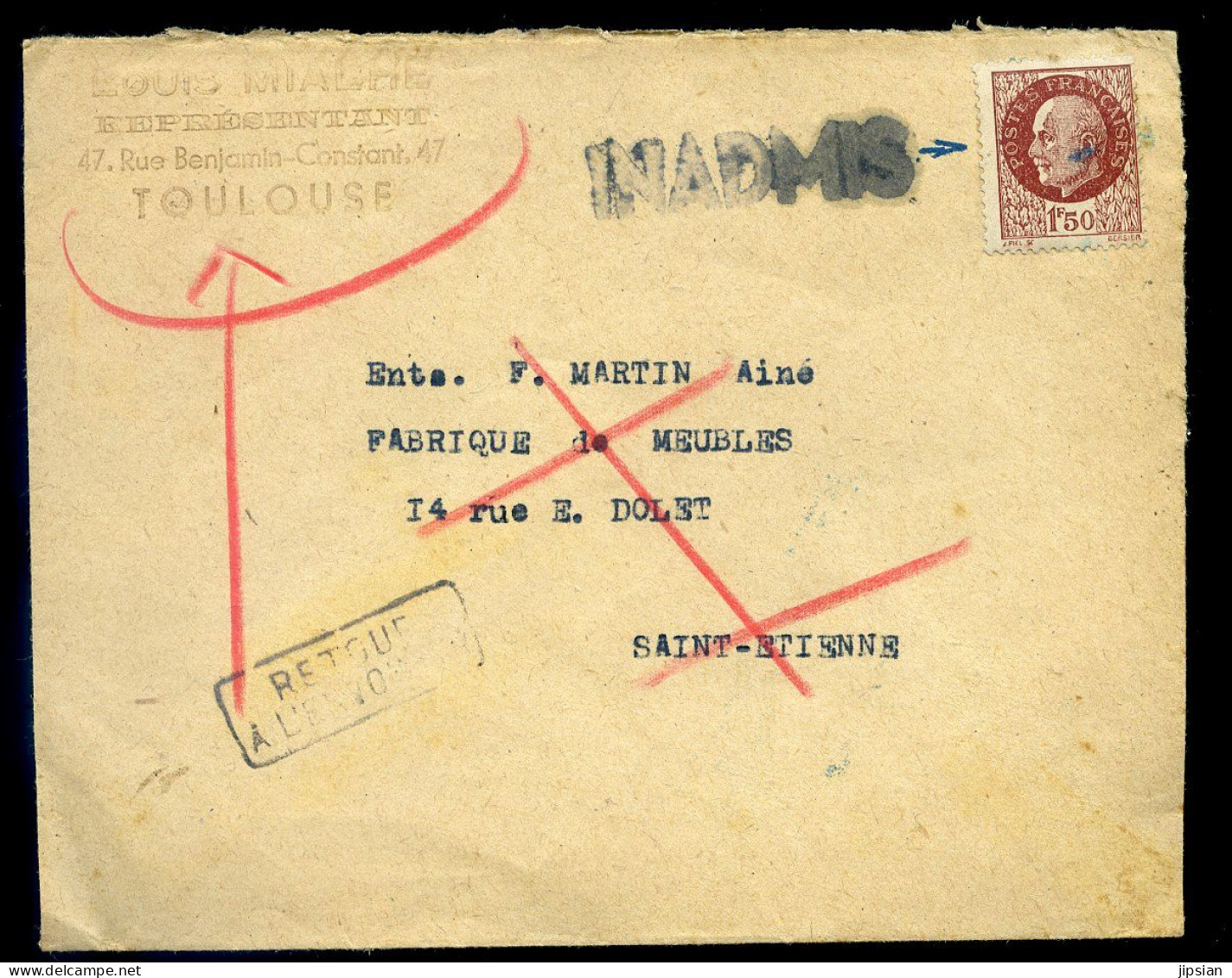 Enveloppe Cachet Inadmis Timbre Pétain Retour à L' Envoyeur    MAI24-02 - 2. Weltkrieg 1939-1945