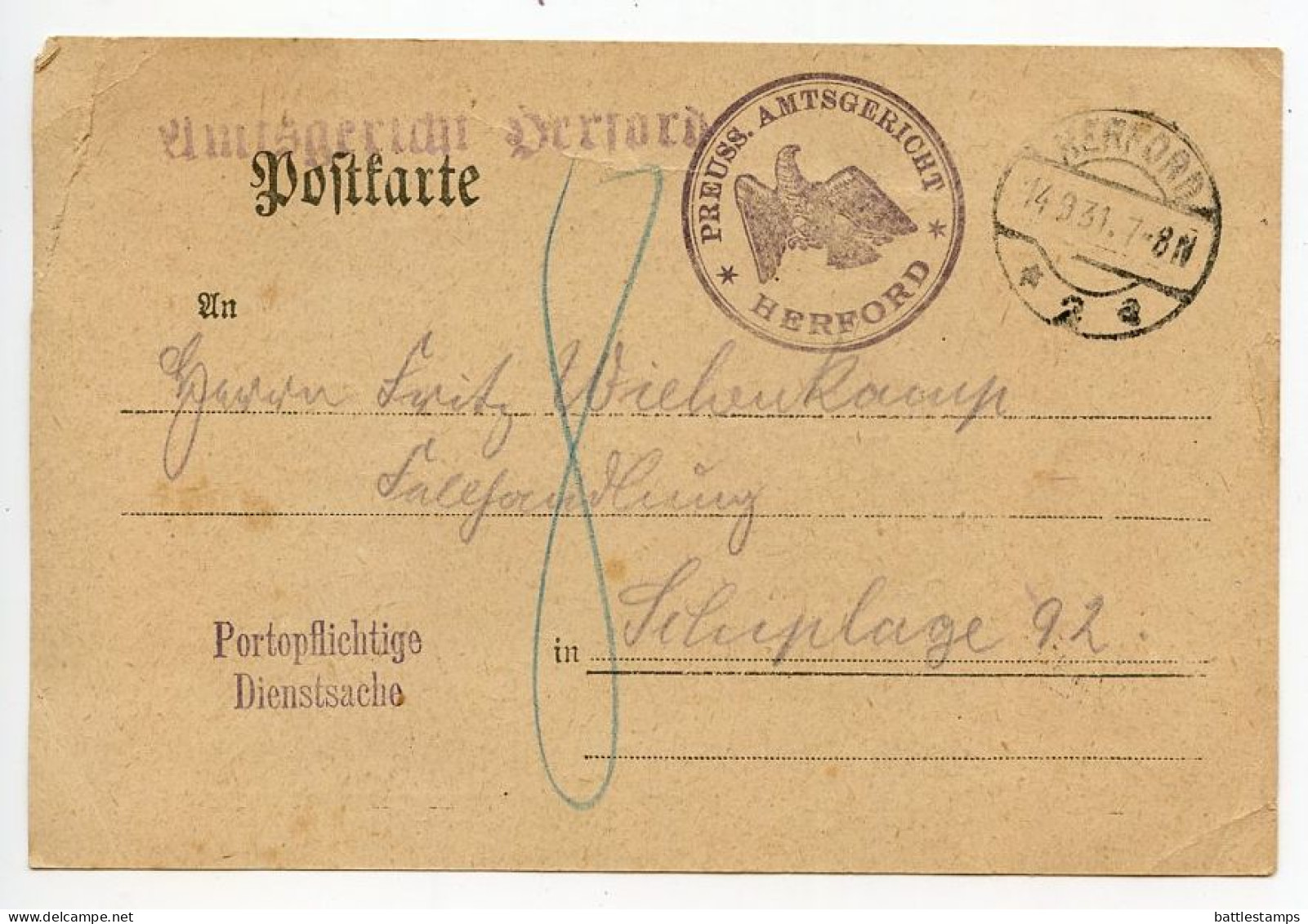 Germany 1931 Official Postcard; Herford - Preuss. Amtsgericht (Prussia District Court) To Schiplage - Covers & Documents
