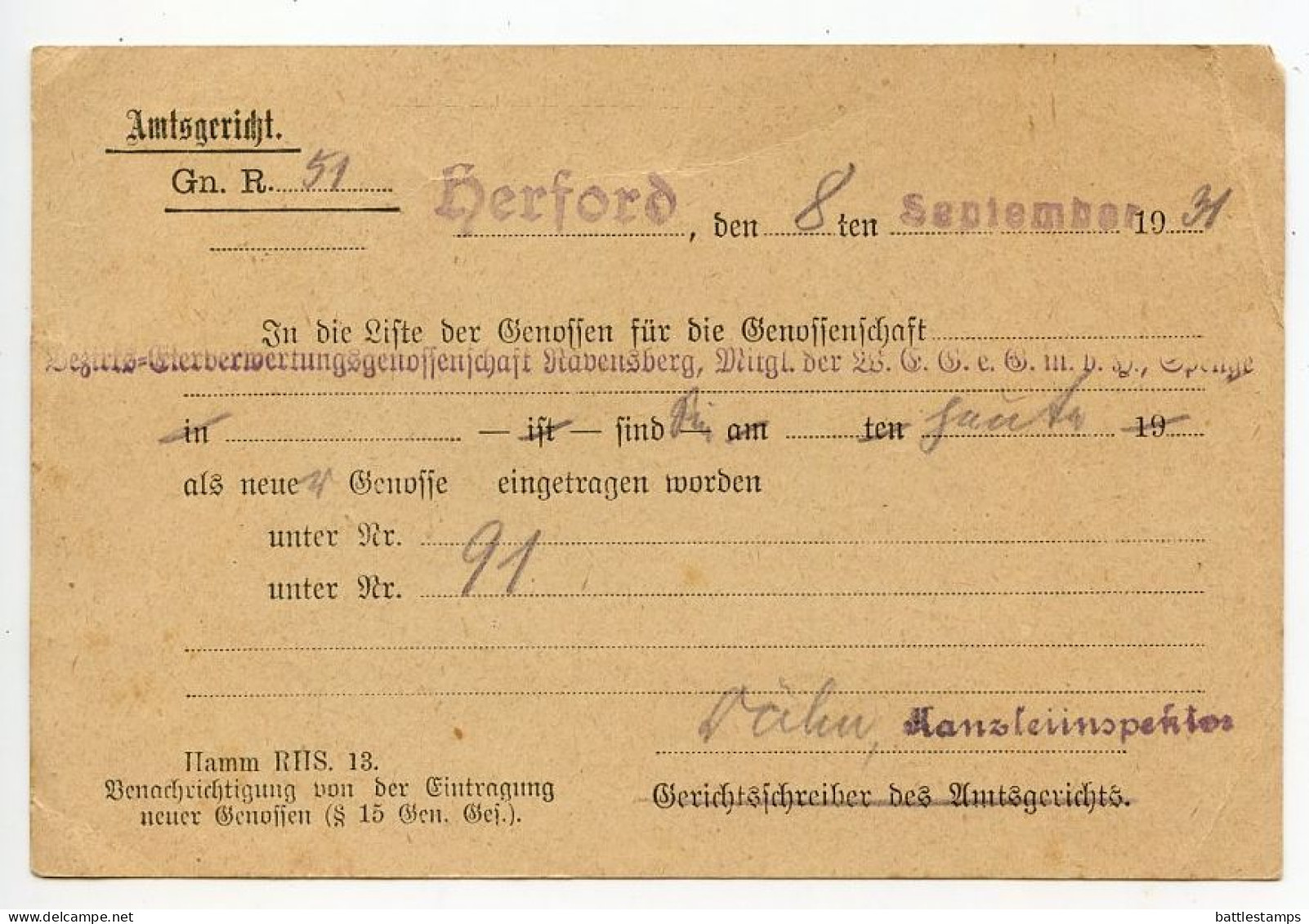 Germany 1931 Official Postcard; Herford - Preuss. Amtsgericht (Prussia District Court) To Schiplage - Briefe U. Dokumente