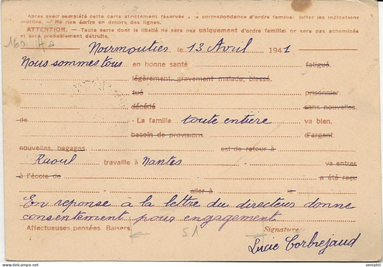 ENTIER POSTAL IRIS - OBLITERE CAD NOIRMOUTIERS   VENDEE -15-4-1941 - PAP: Antwort/Lamouche