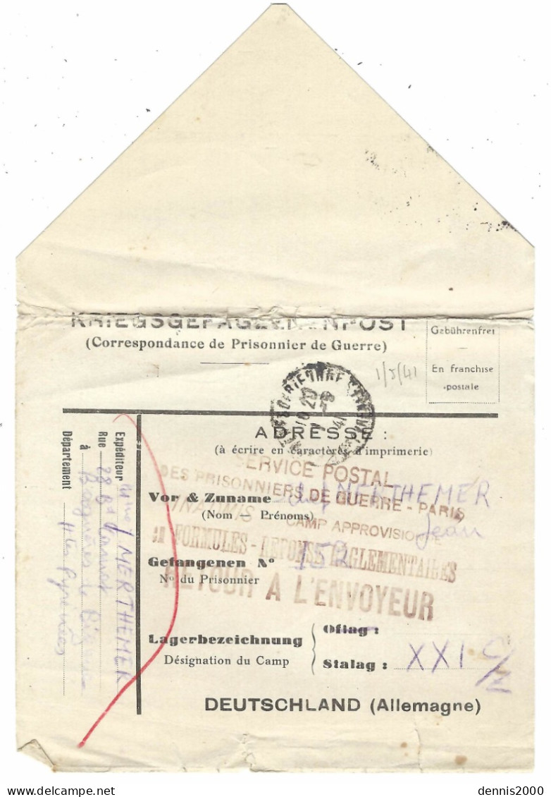 1er Mai 1941 - Formulaire Français Bilingue De Bagnières De Bigorre Pour Le Stalag XXI C / Z ( Pologne ) - Guerre De 1939-45