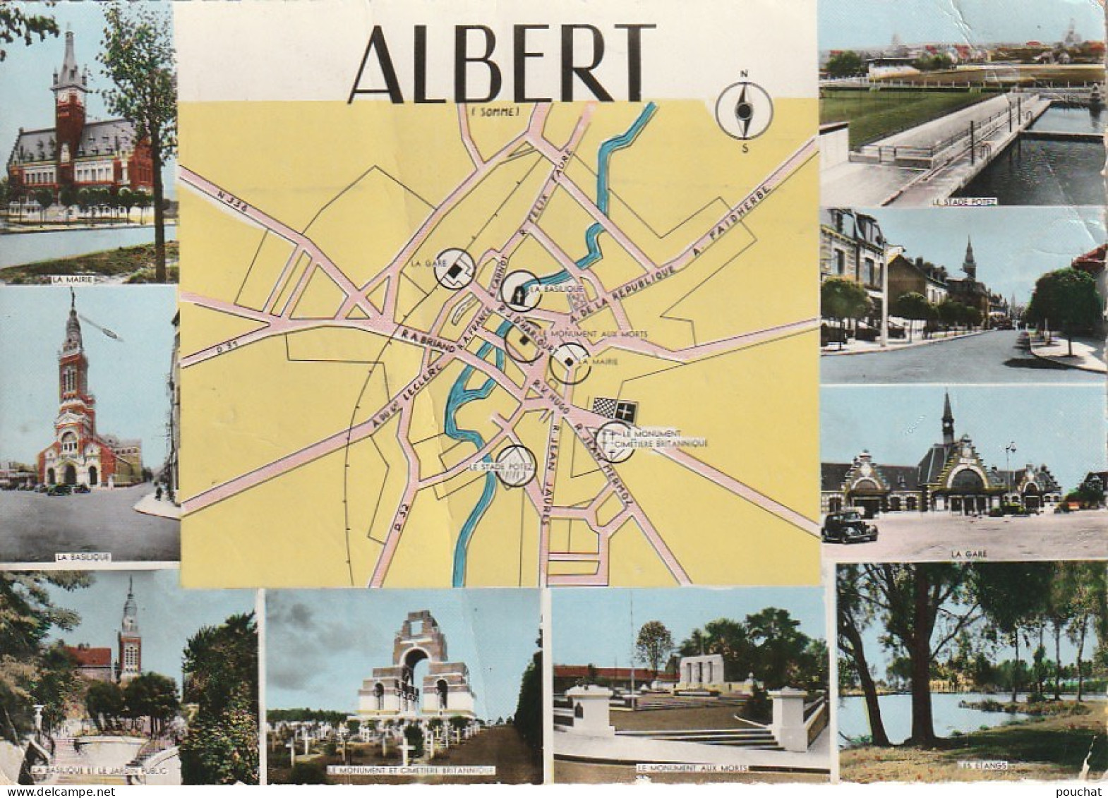 UR 11-(80) ALBERT - CARTE MULTIVUES COULEURS : PLAN , GARE , STADE POTEZ , BASILIQUE ET MONUMENTS - 2 SCANS - Albert