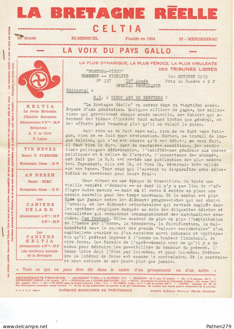 La Bretagne Réelle Celtia - La Voix Du Pays Gallo - N°337 1er Octobre 1972 - 1950 - Oggi