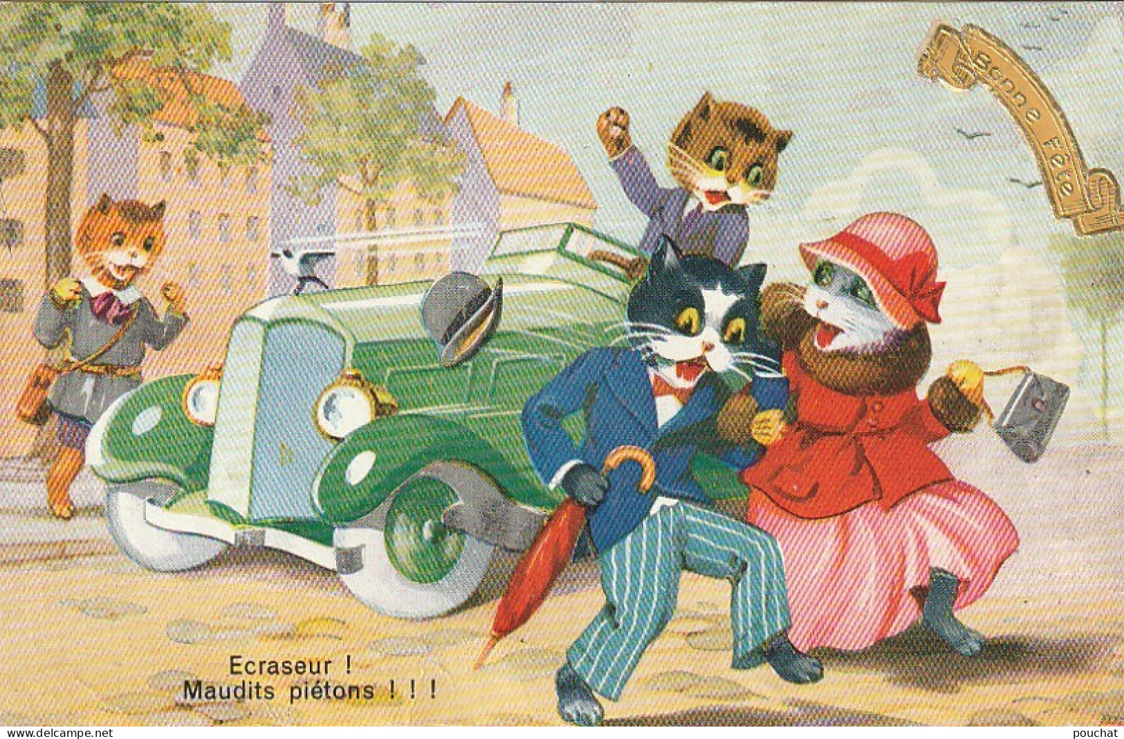 UR 15- " ECRASEUR ! " - " MAUDITS PIETONS !! " - COUPLE DE CHATS HUMANISES TRAVERSANT DEVANT UNE AUTOMOBILE  - Geklede Dieren