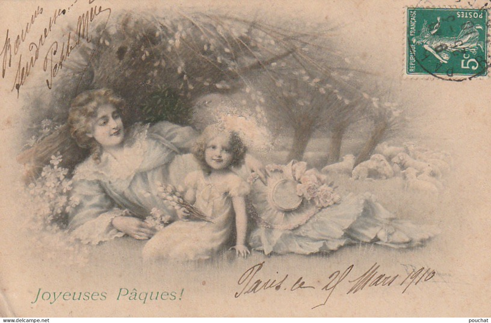 UR 16- " JOYEUSES PAQUES " - EDIT . M.M VIENNE - ILL. WICHERA - FEMME AVEC FILLETTE ET  MOUTONS , DECOR CHAMPETRE - Wichera