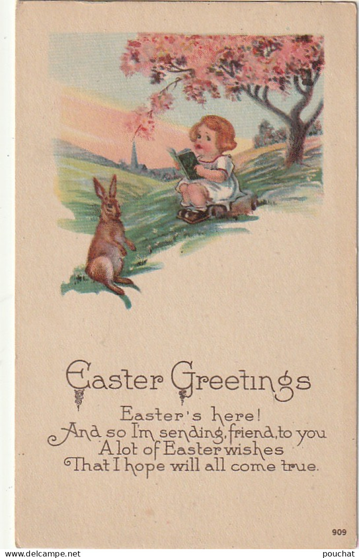 UR 17- " EASTER GREETINGS " ( JOYEUSES PAQUES ) - FILLETTE FAISANT LA LECTURE A UN LAPIN - DECOR CHAMPETRE - Pasqua