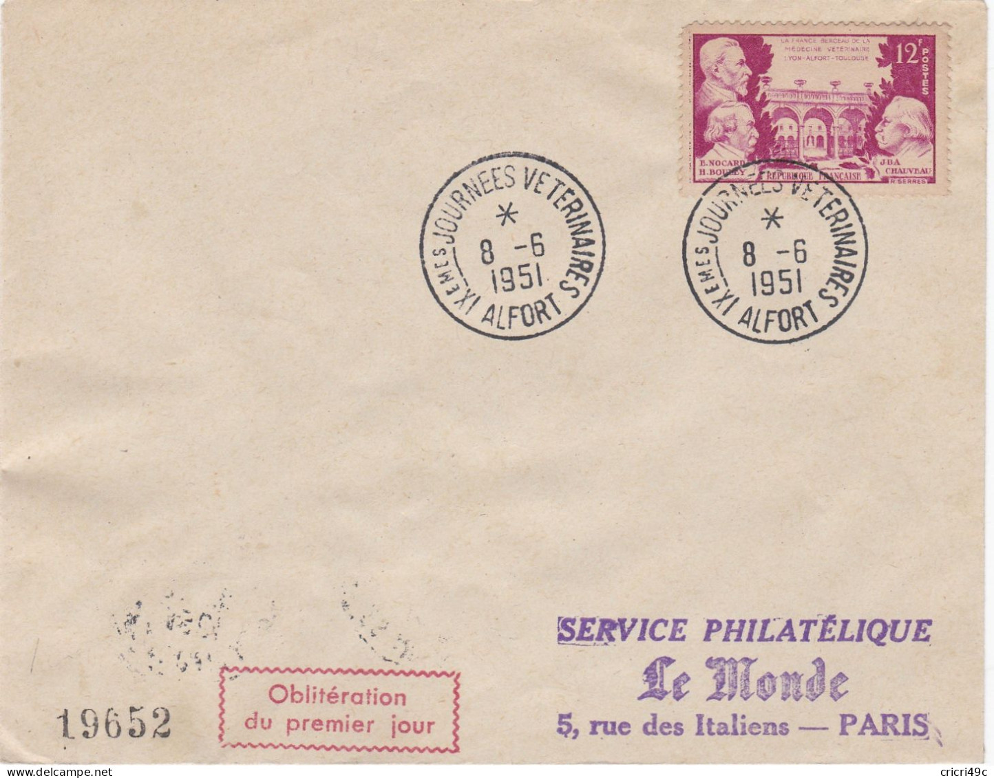 France FDC Y&T N°897 Médecine Militaire De 1951 Alfort - 1950-1959