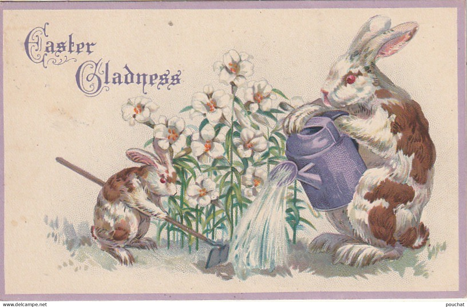 UR 17- " EASTER GLADNESS "- ( JOIE DE PAQUES ) - LAPIN ET LAPEREAU JARDINANT - ARROSOIR , BECHE   - Pâques