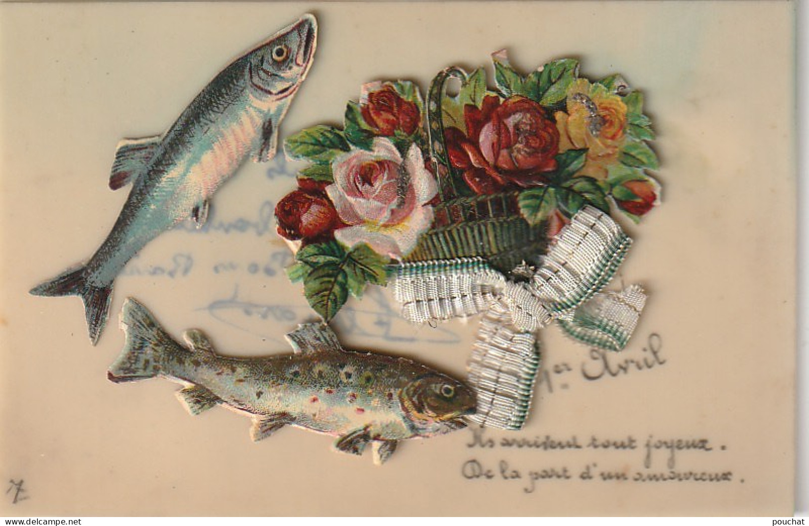 UR 17- " 1er AVRIL "- CARTE CELLULOID AVEC AJOUT DE CHROMOS - POISSONS ET BOUQUET DE FLEURS - NOEUD TISSU - 1° Aprile (pesce Di Aprile)