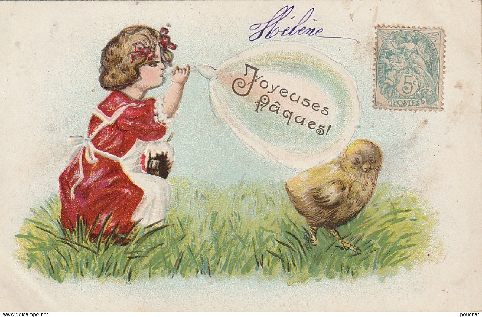 UR 17- " JOYEUSES PAQUES  "-  FILLETTE FAISANT DES BULLES DE SAVON AVEC POUSSIN DANS PRAIRIE - Pâques