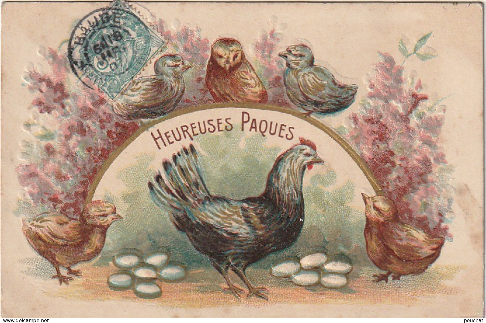 UR 17- " HEUREUSES PAQUES  "-  CARTE GAUFREE AVEC POULE ET POUSSINS , OEUFS - EDIT J.C , PARIS - Pâques