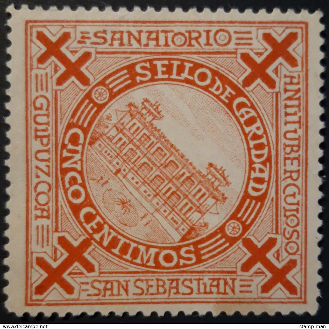 SANATORIO ANTITUBERCULOSO SAN SEBASTIAN GUIPUZCOA SELLO DE CARIDAD CINCO CENTIMOS. MUY RARO. - Spanish Civil War Labels