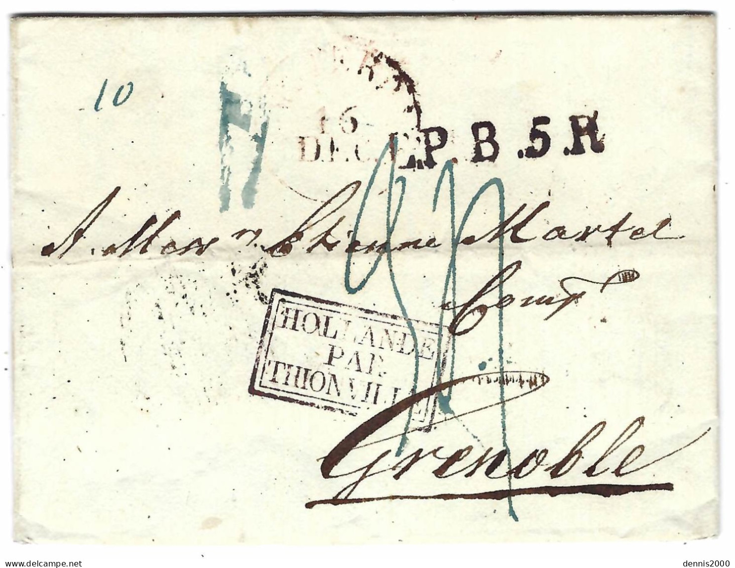 1833 - Lettre D' Amsterdam Pour Grenoble - L.P. B. 5. R Noir + HOLLANDE / PAR / THIONVILLE Encadré NOIR - ...-1852 Préphilatélie