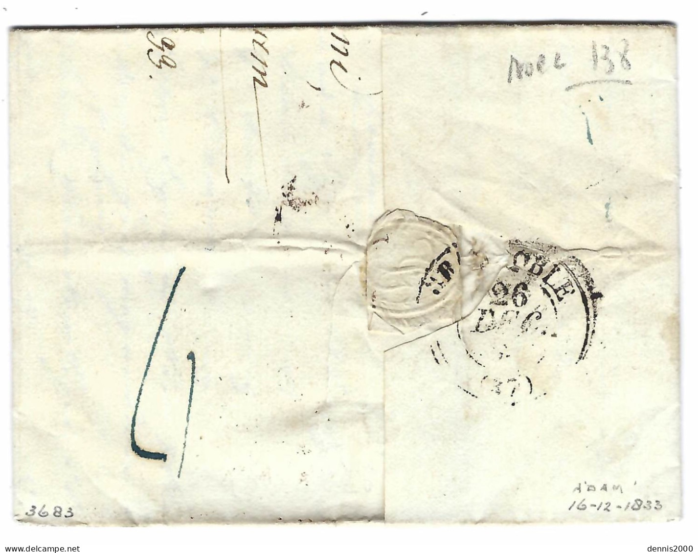 1833 - Lettre D' Amsterdam Pour Grenoble - L.P. B. 5. R Noir + HOLLANDE / PAR / THIONVILLE Encadré NOIR - ...-1852 Vorläufer