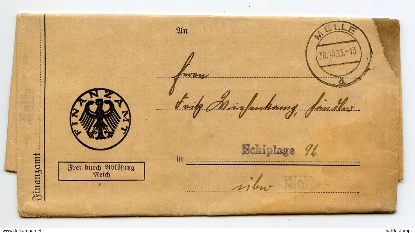 Germany 1935 Official Folded Document Cover - Income Tax Notice; Melle - Finanzamt (Tax Office) To Schiplage - Covers & Documents