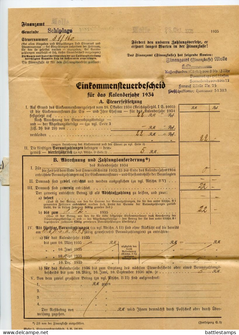Germany 1935 Official Folded Document Cover - Income Tax Notice; Melle - Finanzamt (Tax Office) To Schiplage - Covers & Documents