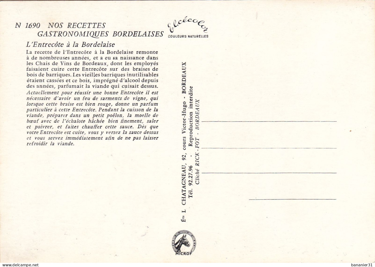 CPSM RECETTE DE CUISINE - L'entrecote à La Bordelaise - Elcé N° 1690 Chatagneau Bordeaux Château Canon 1969 - Recetas De Cocina