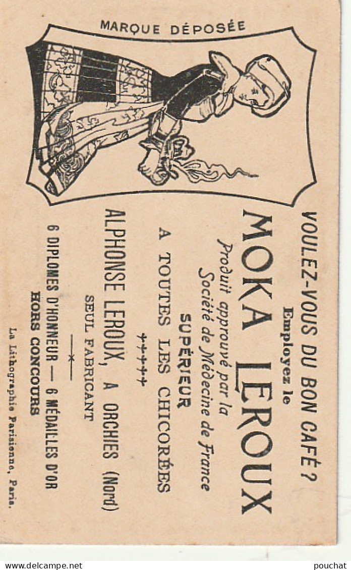 UR 23 -" BONNE NOUVELLE , ARGENT "- CARTE AS DE TREFLE , COUPLE EN JOIE - CHROMO PUB  MOKA LEROUX - A . LEROUX , ORCHIES - Thé & Café