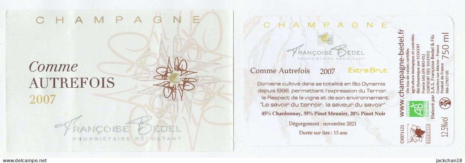 -- ETIQUETTE CHAMPAGNE FRANCOISE BEDEL / COMME AUTREFOIS  -- - Champagner