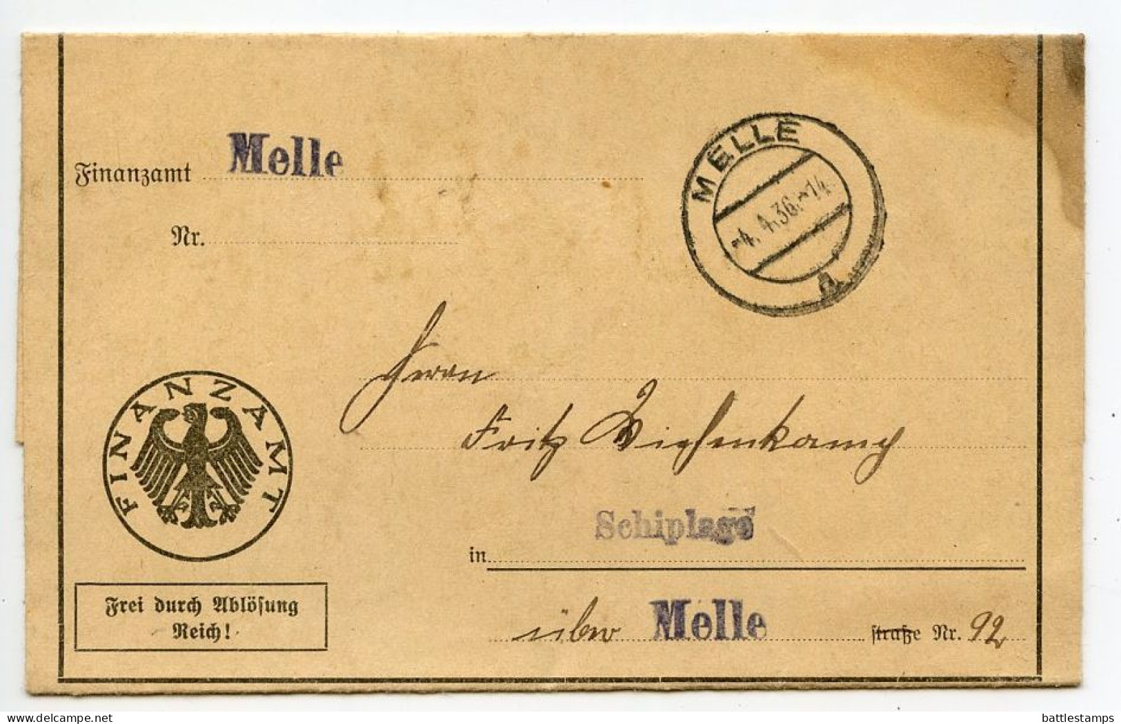 Germany 1936 Official Folded Document Cover; Melle - Finanzamt (Tax Office); Nochmalige Aufforderung Mit Strafandrohung - Covers & Documents