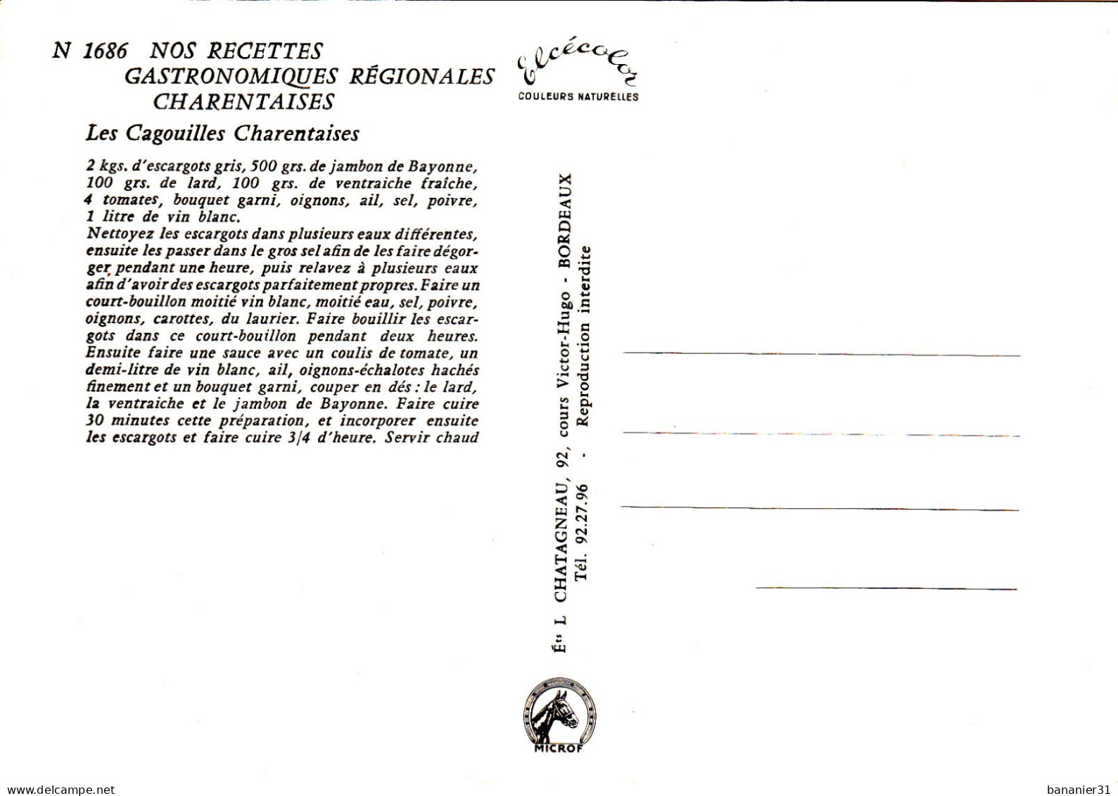 CPSM RECETTE DE CUISINE - Les Cagouilles Charentaises - ESCARGOTS Et Jambon De Bayonne  Elcé N° 1686 Chatagneau Bordeaux - Recettes (cuisine)