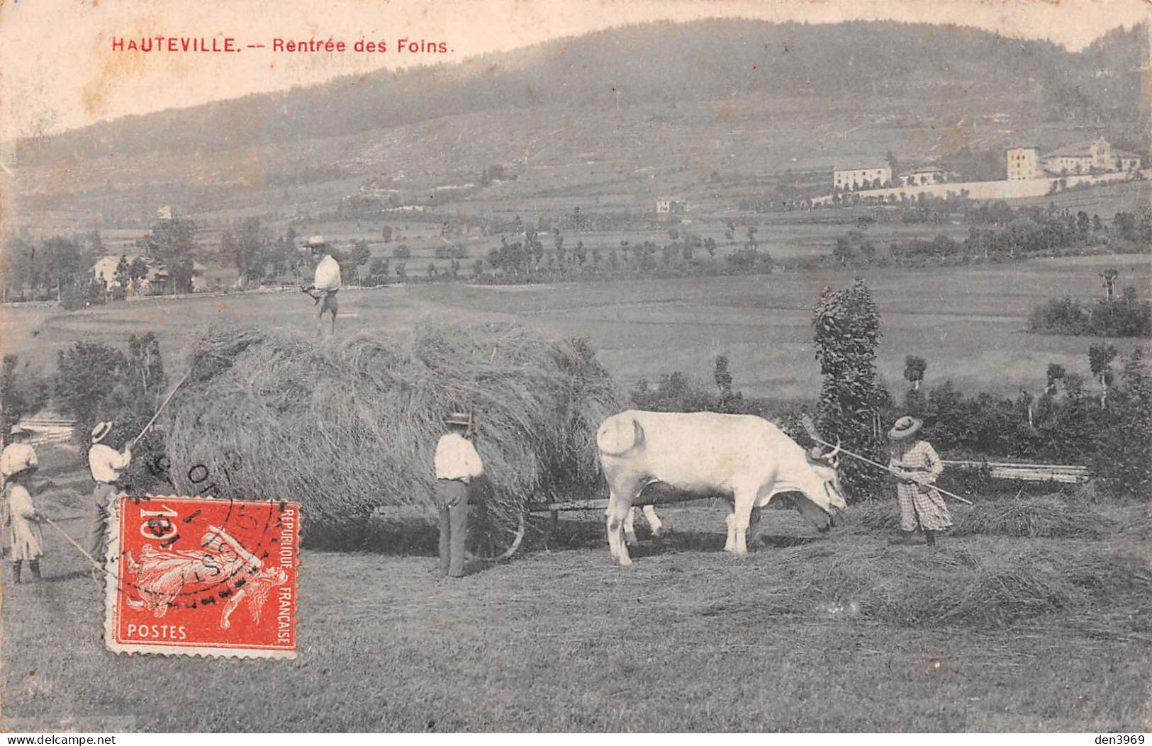 HAUTEVILLE (Ain) - Rentrée Des Foins - Attelage De Boeufs - Voyagé 1910 (2 Scans) - Hauteville-Lompnes