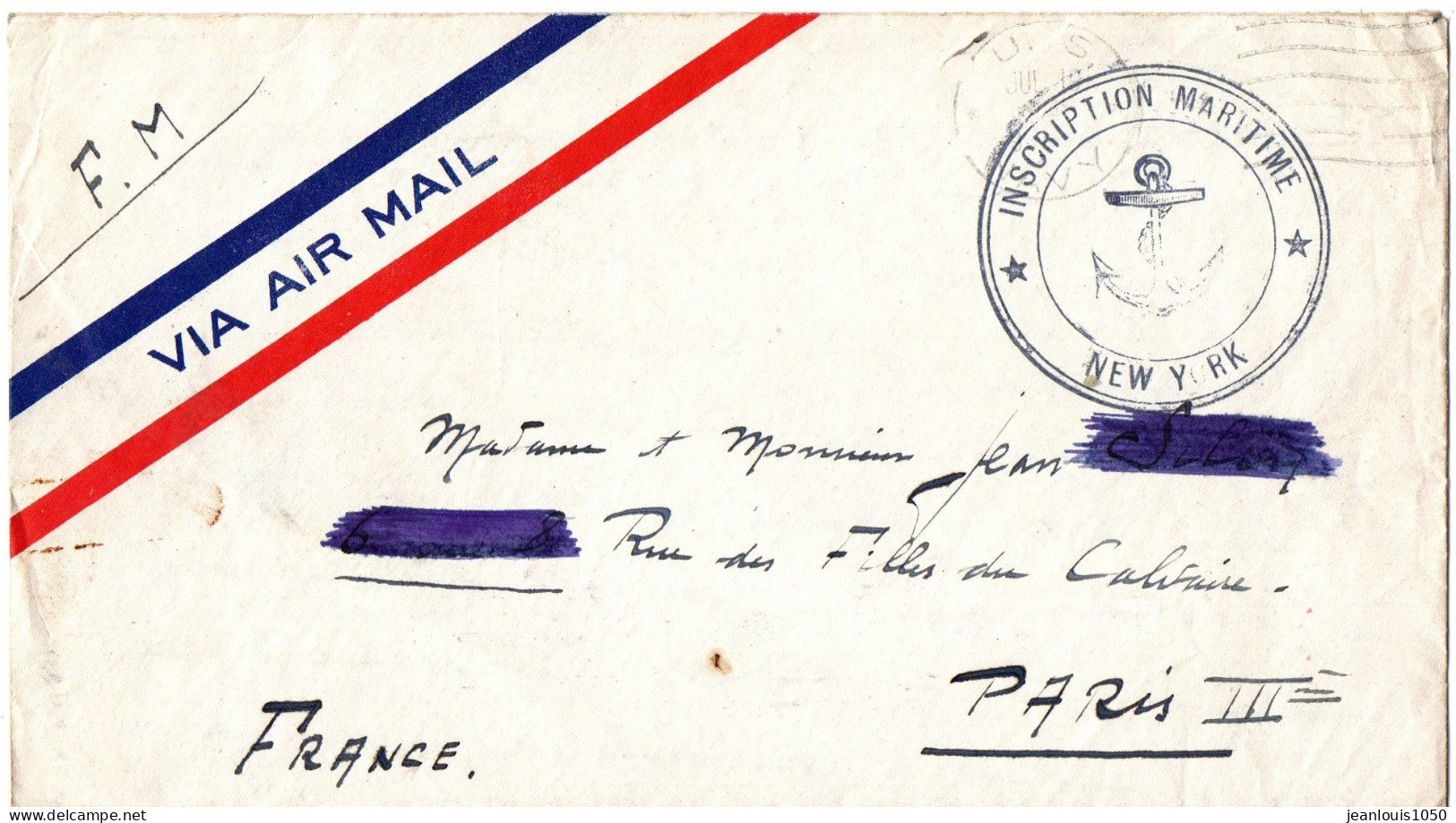 FRANCE LETTRE EN P. AERIENNEEN FRANCHISE MILITAIRE OBLITEREE US NAVY CACHET INSCRIPTION MILITAIRE NEW YORK POUR PARIS - Correo Marítimo