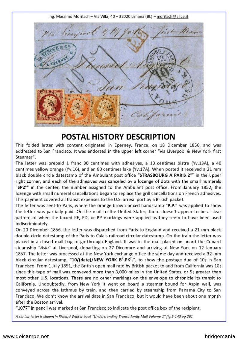 MTM133 - 1856 TRANSATLANTIC LETTER FRANCE TO USA WEST COAST STEAMER ASIA CUNARD - Storia Postale