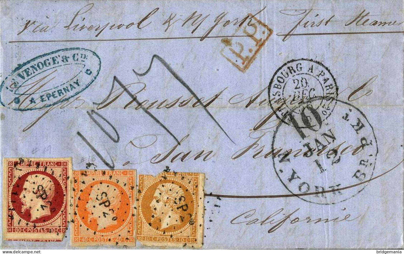 MTM133 - 1856 TRANSATLANTIC LETTER FRANCE TO USA WEST COAST STEAMER ASIA CUNARD - Postal History