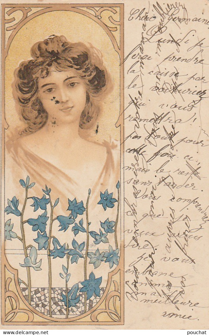 UR 26- CARTE FANTAISIE ART NOUVEAU STYLE MUCHA - PORTRAIT DE FEMME AVEC MOTIF FLORAL (1903) - 1900-1949