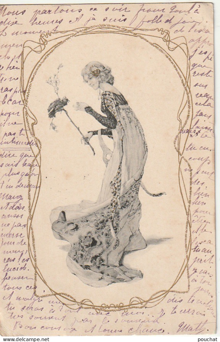 UR 26- CARTE FANTAISIE M.M . VIENNE N° 128 - FEMME A L' OISEAU ET BRANCHAGE FLEURI - DORURE ( 1904) - 1900-1949