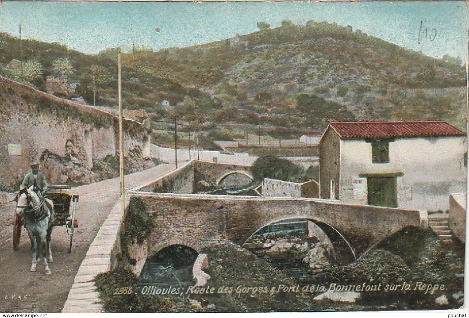 VE 1-(83) OLLIOULES - ROUTE DES GORGES ET PONT DE LA BONNEFONT SUR LA REPPE - CARRIOLE A CHEVAL- 2 SCANS - Ollioules