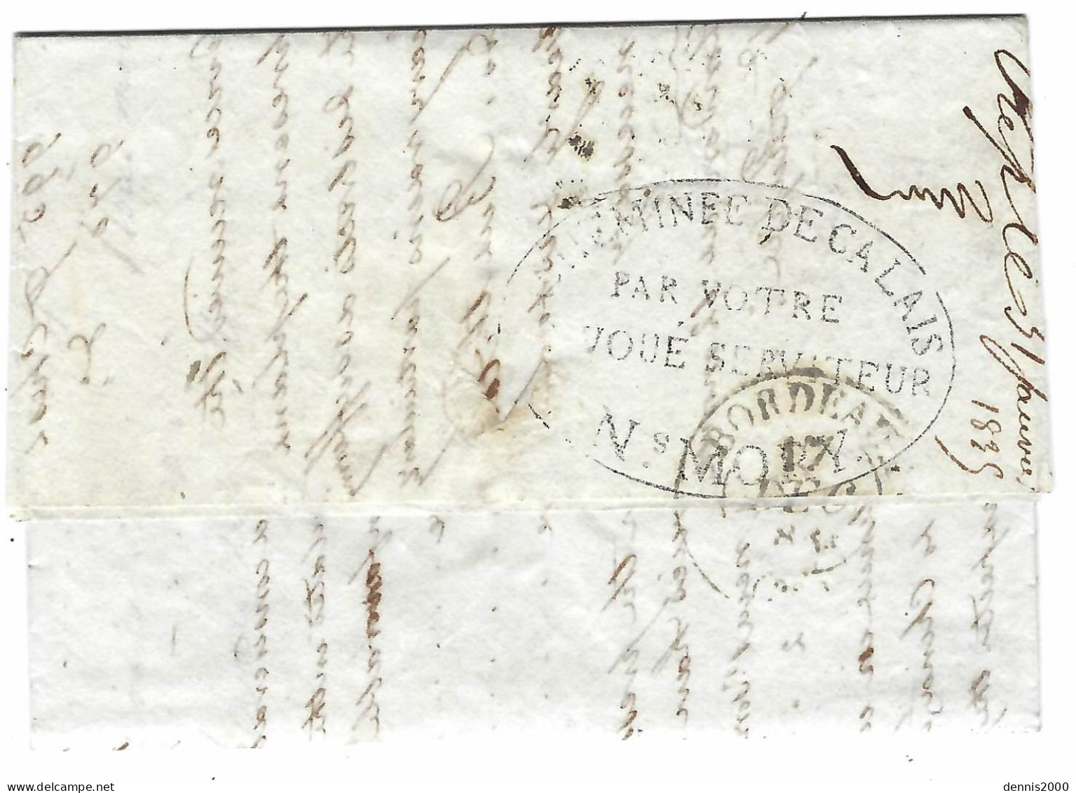 1834- Lettre De Londres Postée à Calais - Cad. T12 Pour Bordeaux - Au Dos, Acheminée De Calais ..... Ns MORY - 1801-1848: Vorläufer XIX