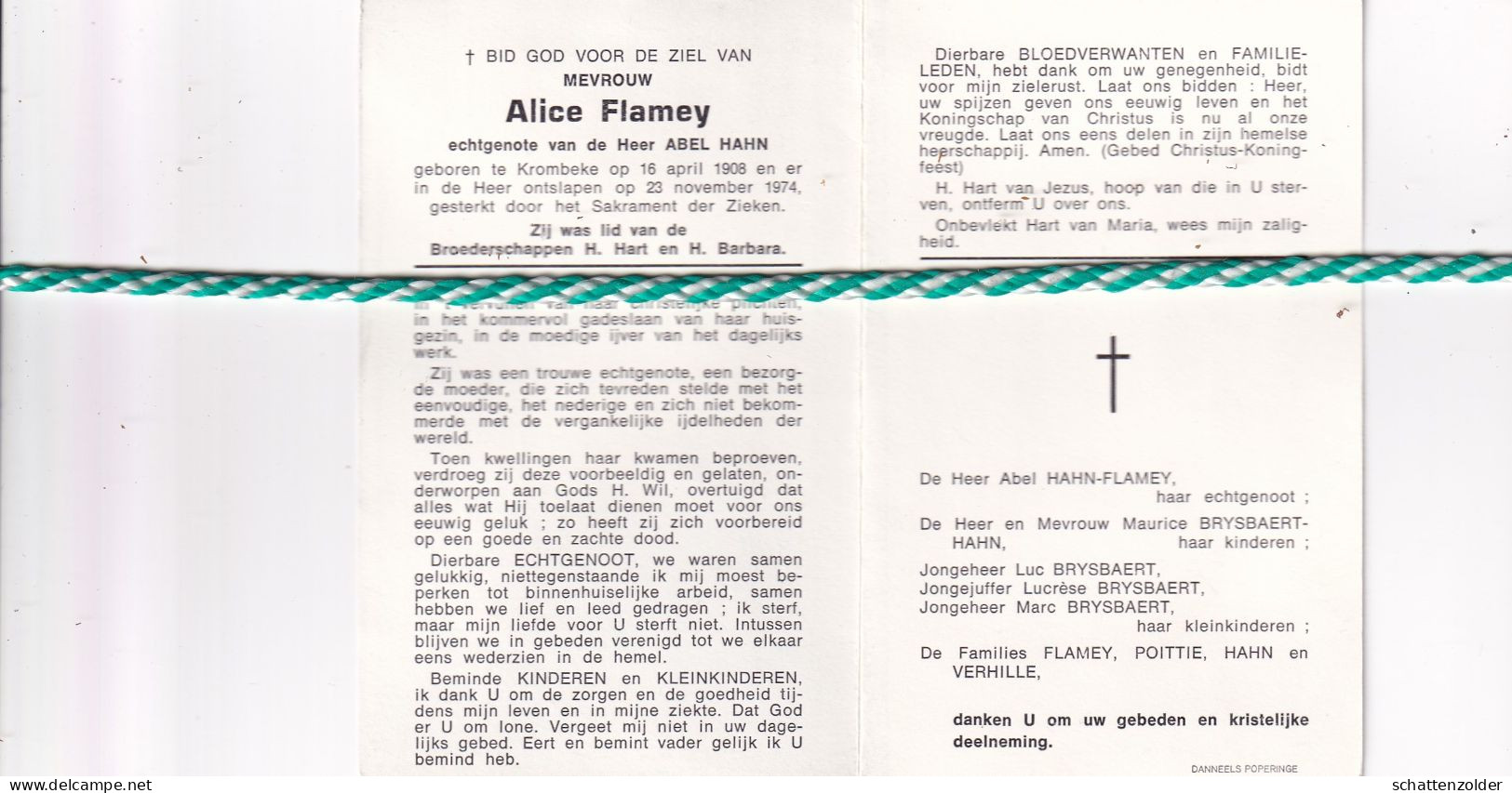 Alice Flamey-Hahn, Krombeke 1908, 1974 - Obituary Notices