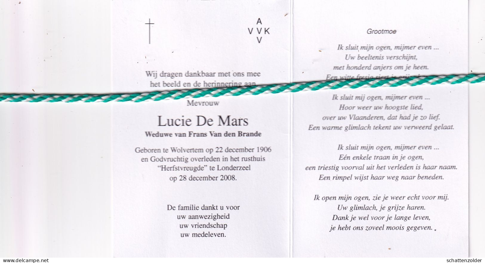 Lucie De Mars-Van Den Brande, Wolvertem 1906, Londerzeel 2008. AVV VVK. Foto - Obituary Notices