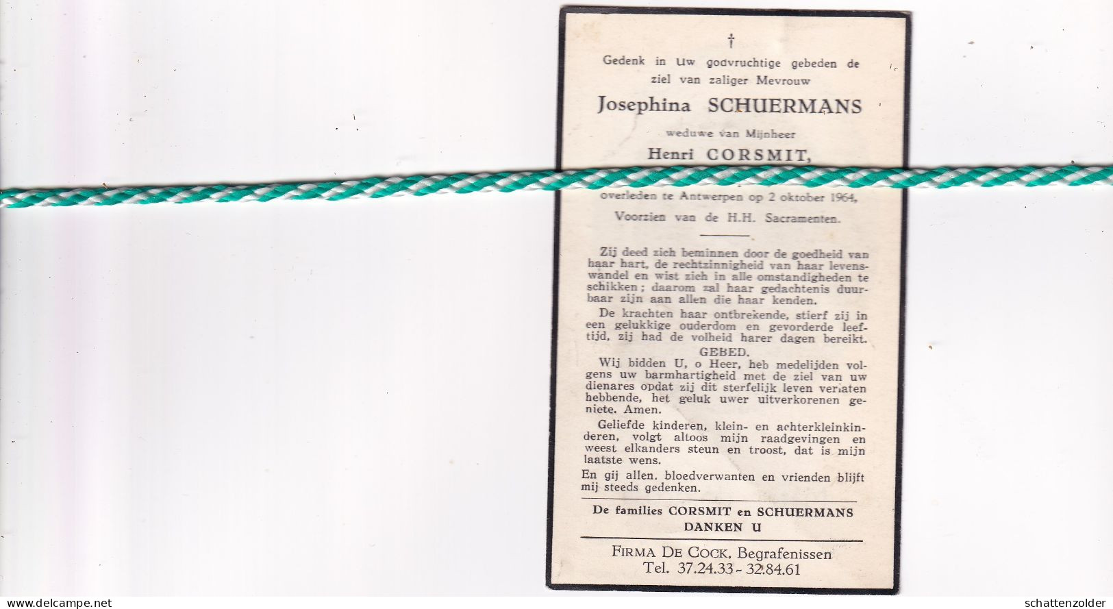 Josephina Schuermans-Corsmit, Mechelen 1883, Antwerpen 1964 - Todesanzeige