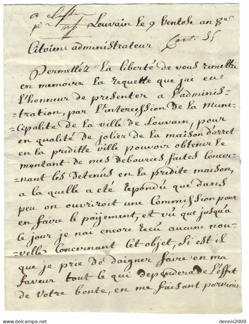 An 8 - Lettre De P.94.P. / LOUVAIN ( La Dyle ) 31 Mm Noir Pour Bruxelles - 1792-1815: Dipartimenti Conquistati