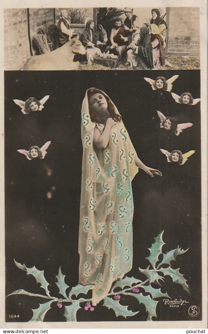 VE 12- CARTE FANTAISIE NOEL - FEMME SUR BRANCHE DE HOUX , TETES D' ENFANTS AILEES - CRECHE - PHOT . REUTLINGER , PARIS - Autres & Non Classés