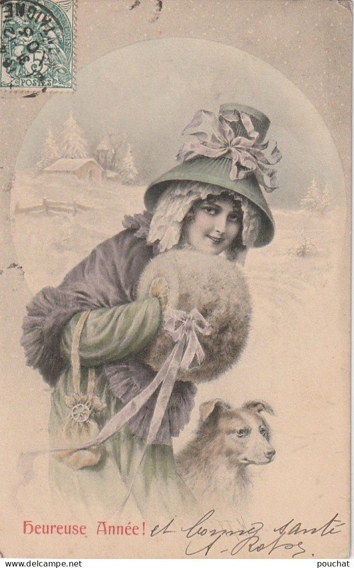 VE 12- " HEUREUSE ANNEE " - FEMME AVEC MANCHON  DE FOURRURE ET CHIEN DANS PAYSAGE ENNEIGE - M. M. VIENNE N° 156 - Nouvel An