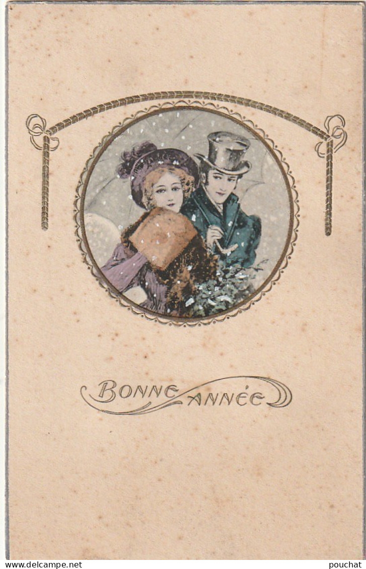 VE 12- " BONNE ANNEE " - MEDAILLON AVEC COUPLE SOUS LA NEIGE - CARTE GAUFREE STYLE VIENNOISE - New Year