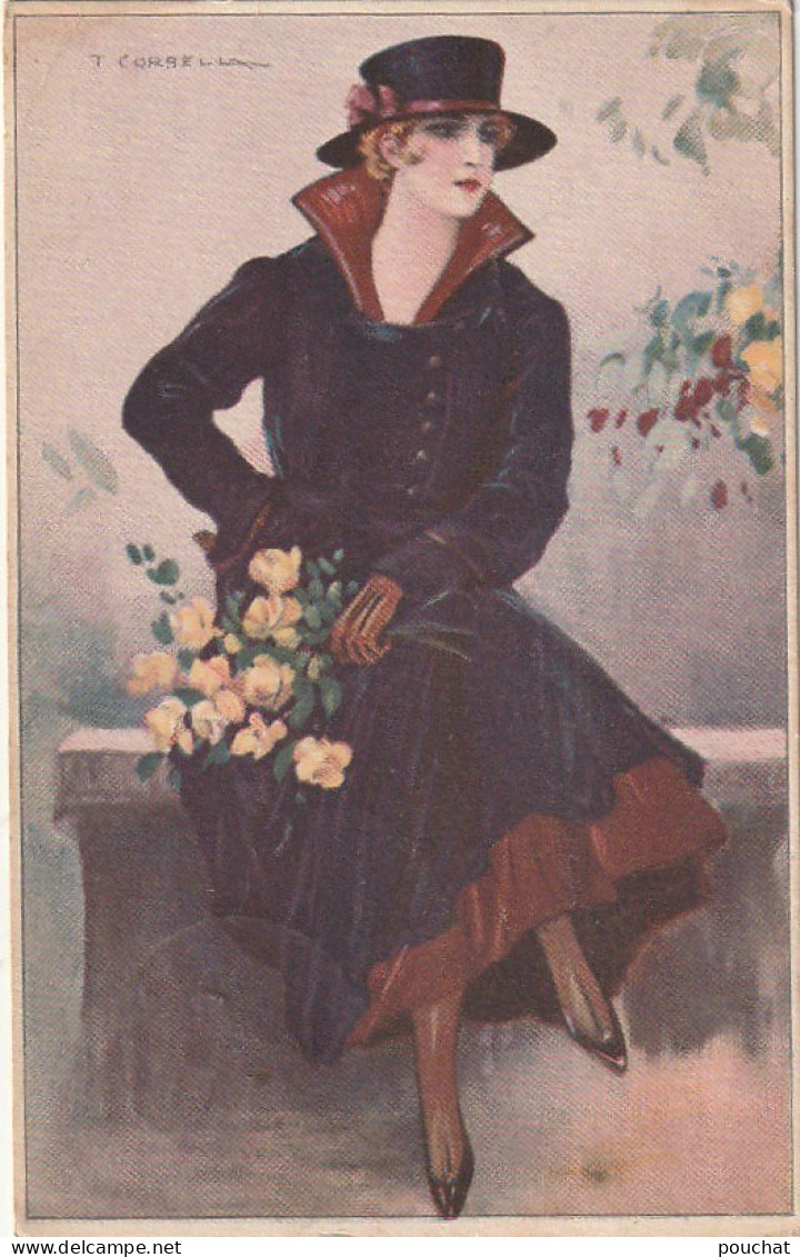 VE 12- FEMME ELEGANTE CHAPEAUTEE AVEC BOUQUET DE ROSES  - ILLUSTRATEUR CORBELLA - 2 SCANS - Corbella, T.