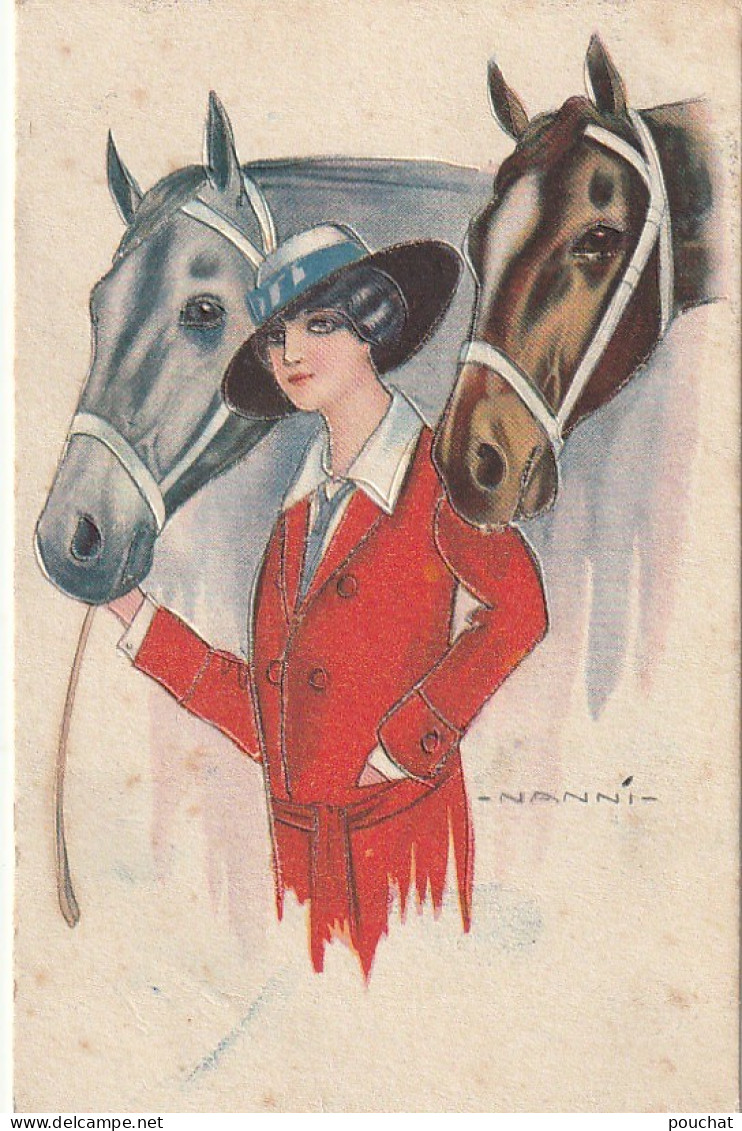 VE 12- FEMME  CHAPEAUTEE AVEC  CRAVACHE ET COUPLE DE CHEVAUX - ILLUSTRATEUR NANNI - 2 SCANS - Nanni