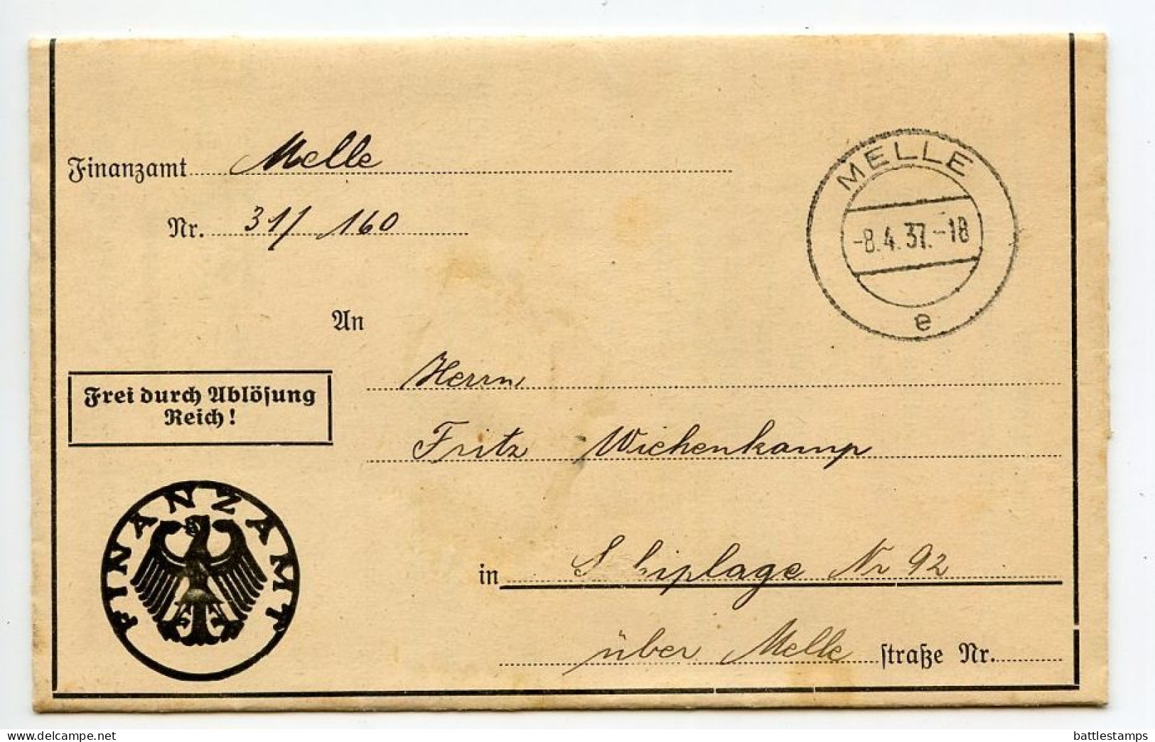 Germany 1937 Official Folded Document Cover; Melle - Finanzamt (Tax Office); Nochmalige Aufforderung Mit Strafandrohung - Covers & Documents